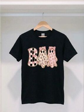 Pink Ghost BOO T-Shirt Cute Coquette Halloween Bow Graphic Tee Black